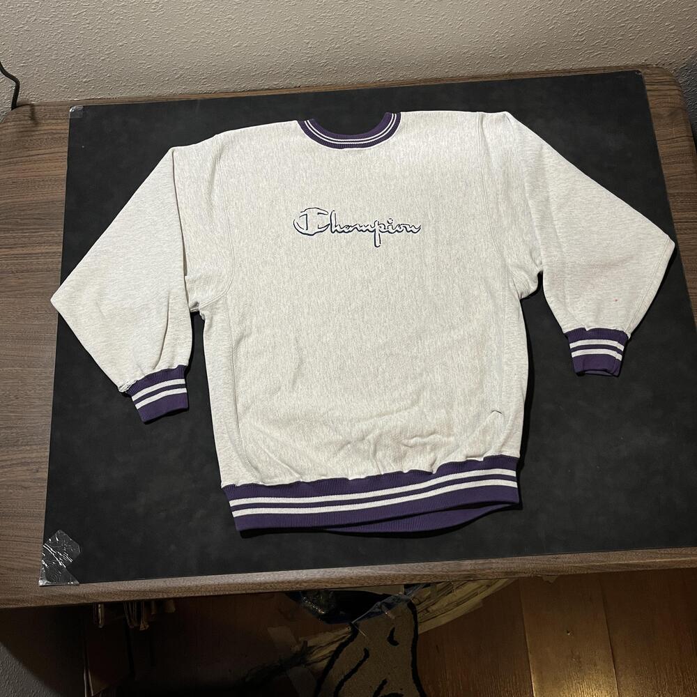 Vintage Champion Reverse Weave Sweater Mens XL Gray Purple Crewneck USA 90s